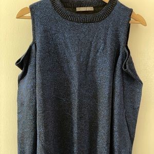 Blue sparkling mock neck cold shoulder sweater